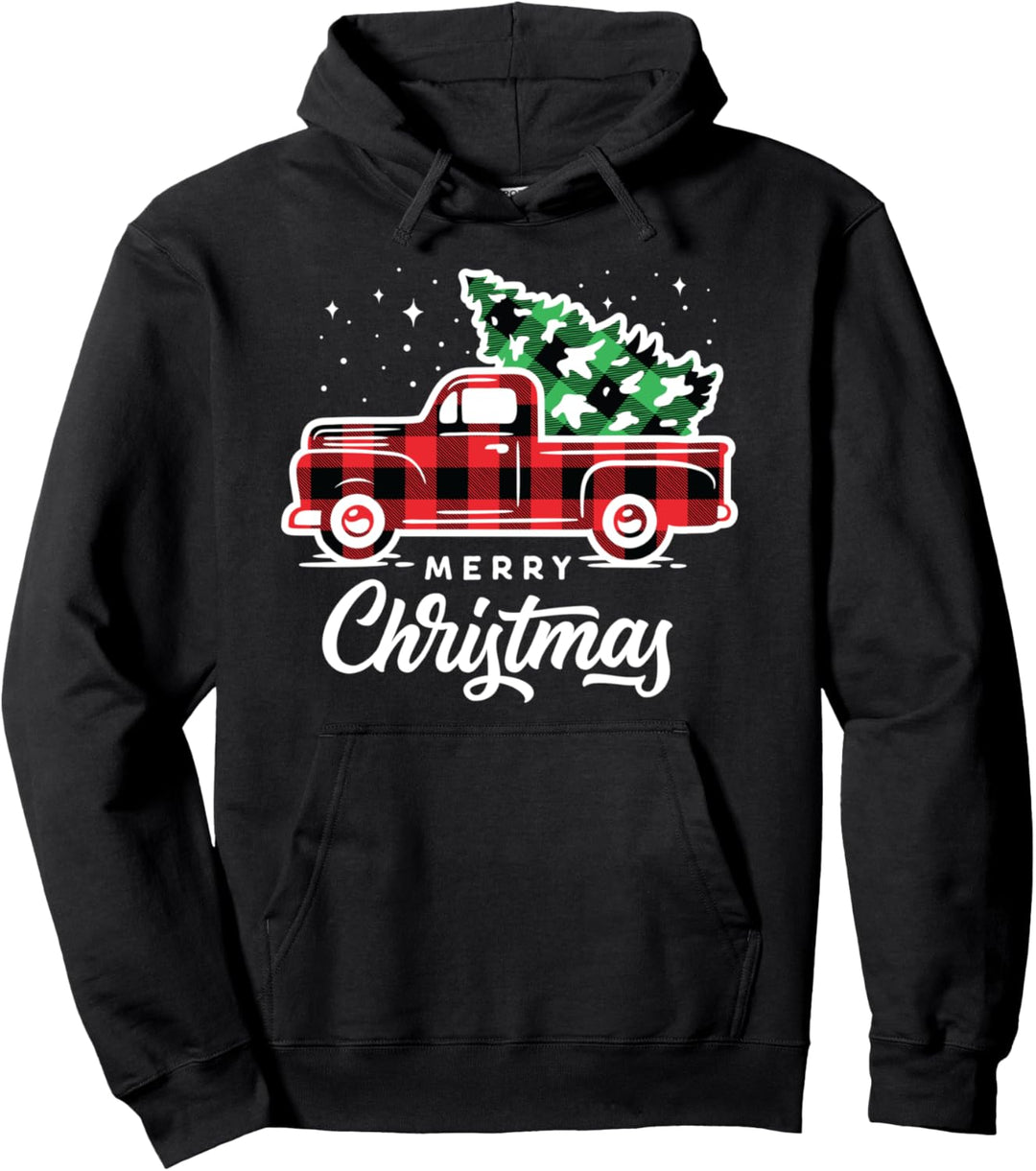 Vintage Style Farm Red Truck with Christmas Tree Pullover Hoodie