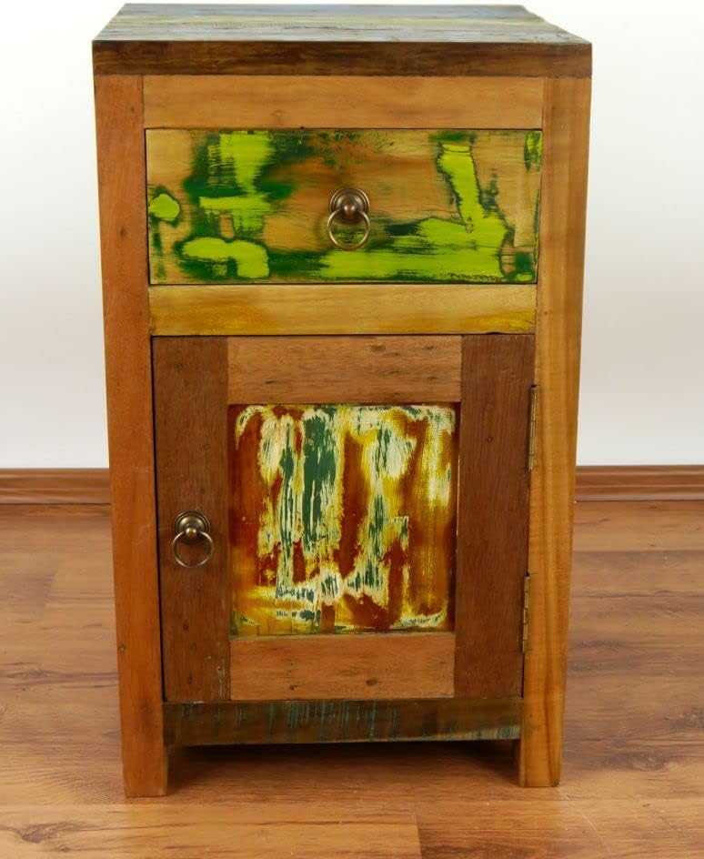 livasia Teakholz Nachtschrank aus Java | Recyceltes buntes Bootsholz | Asiatische Möbel | Designer M