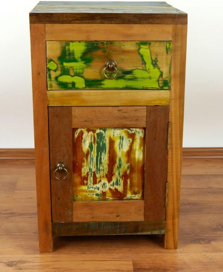 livasia Teakholz Nachtschrank aus Java | Recyceltes buntes Bootsholz | Asiatische Möbel | Designer M