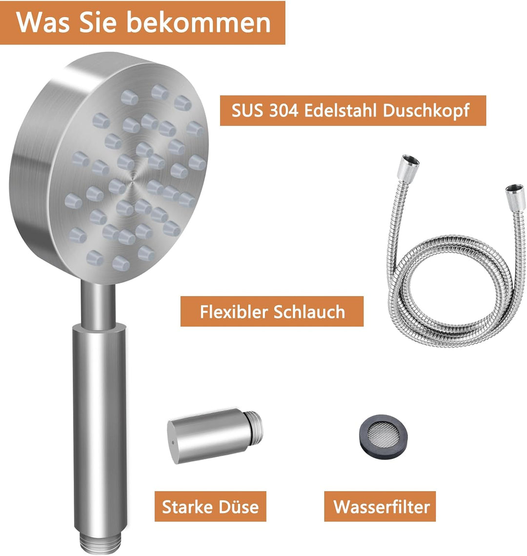 Duschkopf Edelstahl mit Schlauch, Metall Duschbrause, Hochdruck Handbrause Wassersparend, Duschkopf