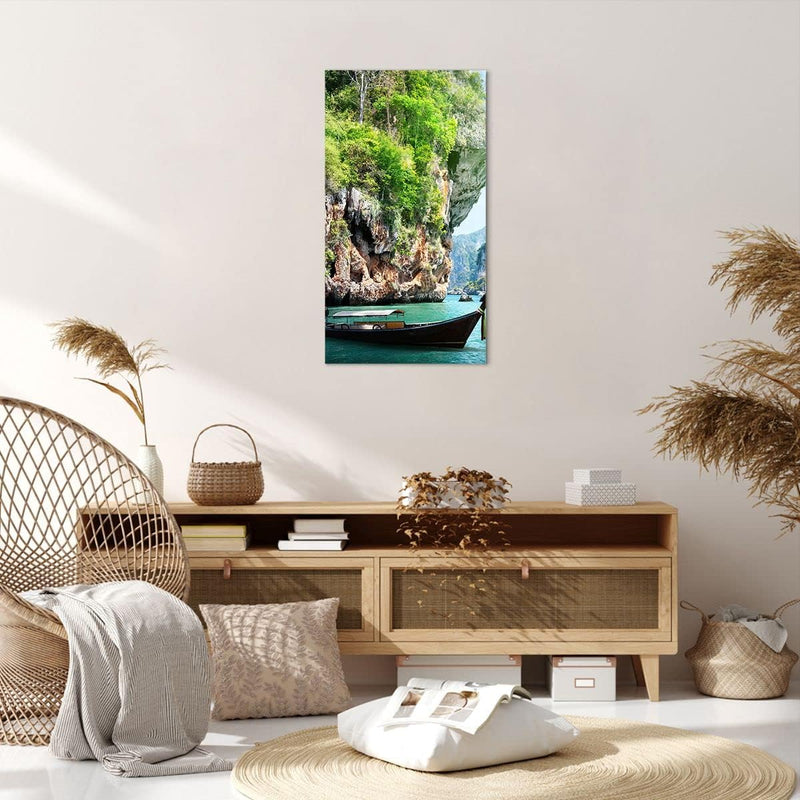 Bilder auf Leinwand 55x100cm Leinwandbild mit Rahmen Boot Klippen Natur Felsen Gross Wanddeko Bild S