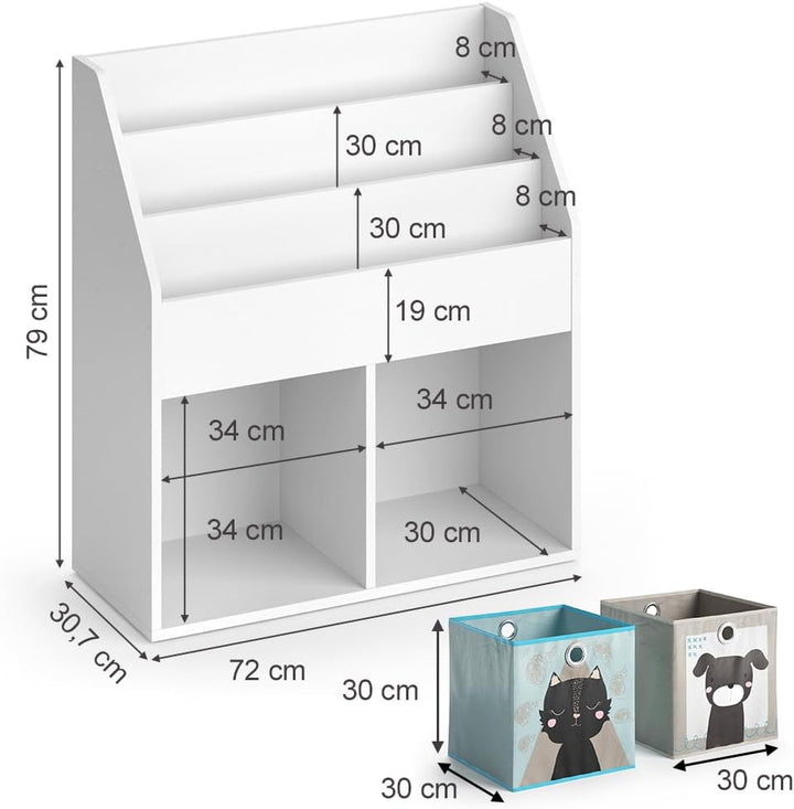 Vicco Kinderregal Luigi, Weiss, 72 x 79 cm mit 2 Faltboxen Opt.4, zur Aufbewahrung von Büchern und S