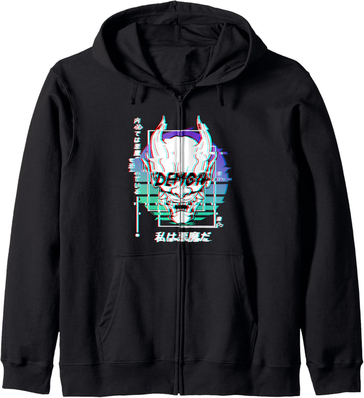 Oni Maske Japanischer Dämon Glitch Vaporwave Aesthetic Kapuzenjacke