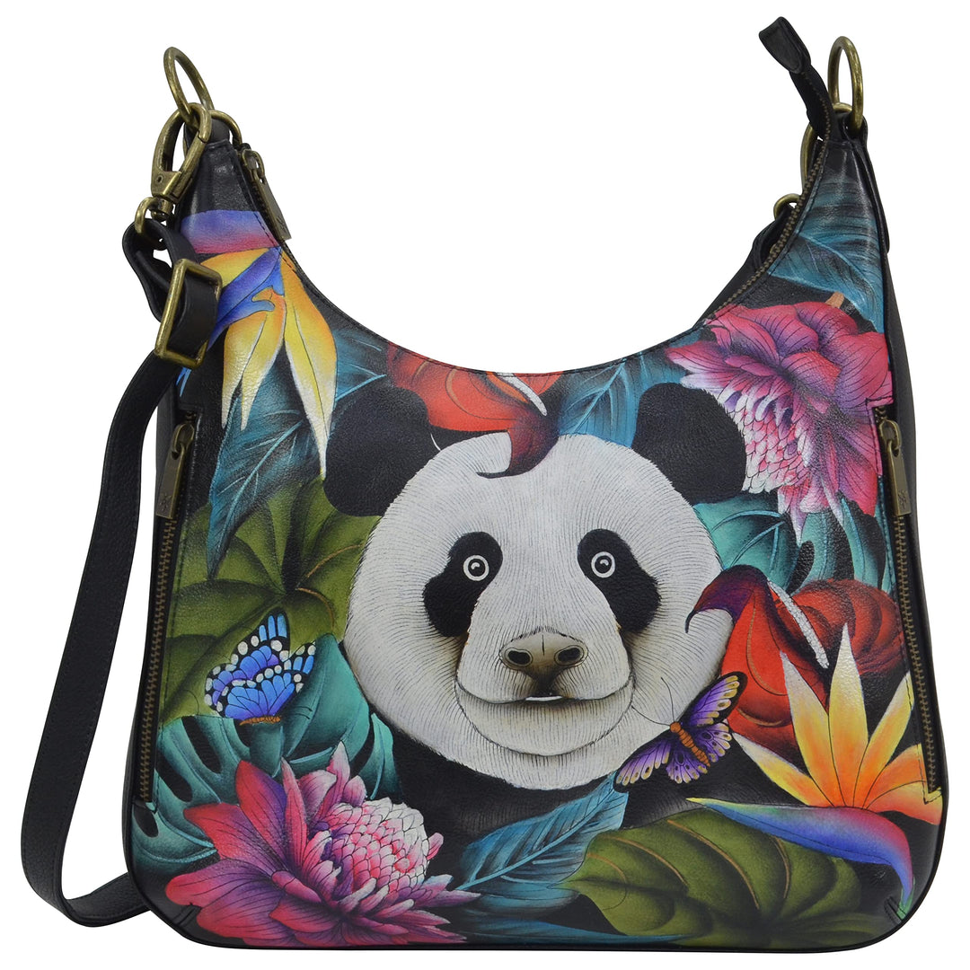Anuschka Handbemalte Schmale Hobo Tasche, Erweiterbar, mit Crossbody Riemen Happy Panda, Dragonfly G