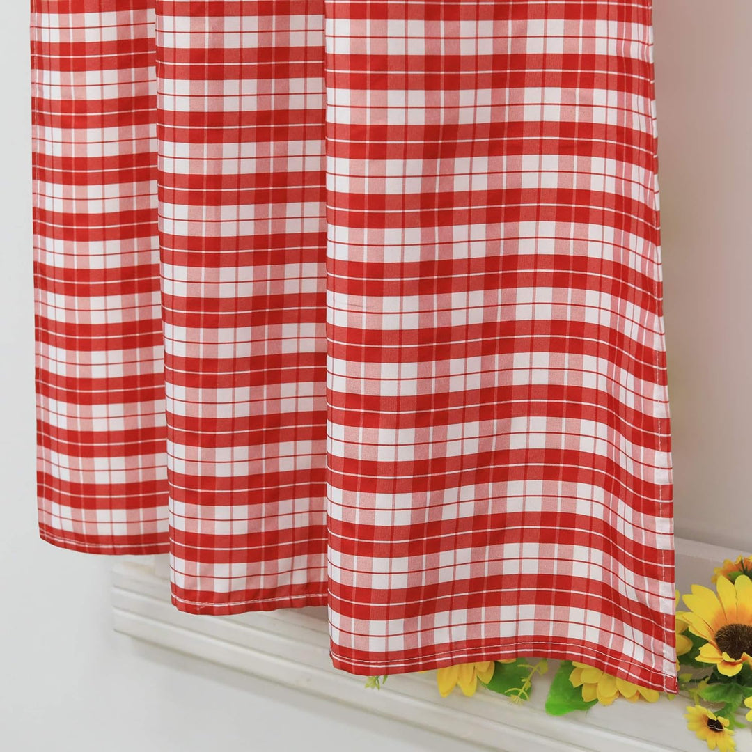 4-TLG. Set Karo-Muster Vorhangschals Küche Gardinen Vorhänge mit Raffhalter H/B 120/80 cm Rot H120 x