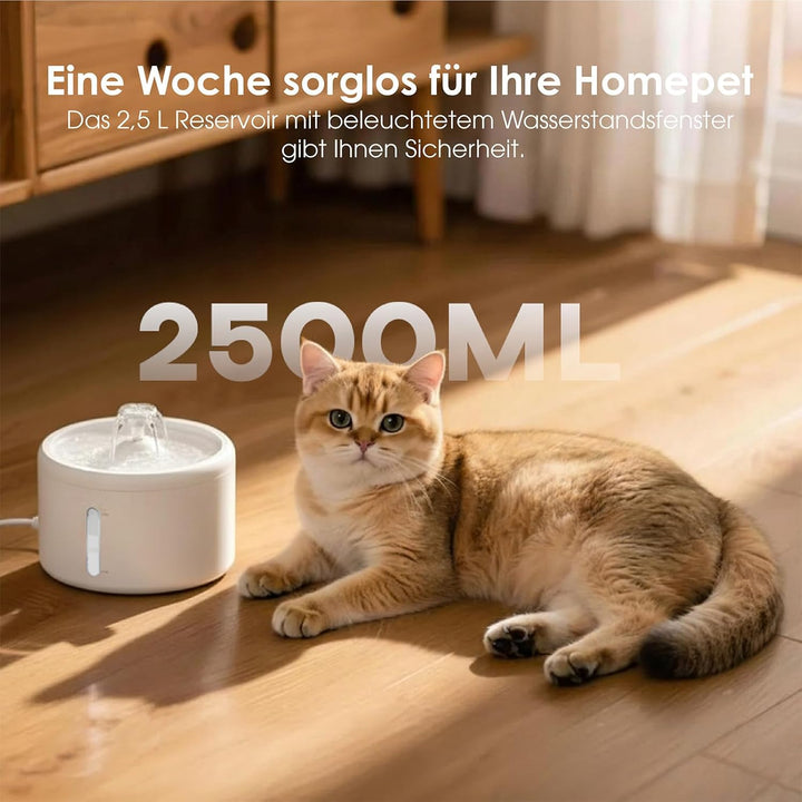 Katzenbrunnen Trinkbrunnen für Katze 2,5L Grosse Kapazität, Ultra-leise 8dB, 6-Stufen-Filtersystem m