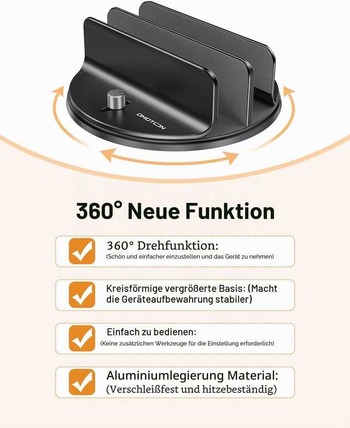 OMOTON 360° Drehbarer Vertikaler Laptop Ständer, 2 Slot Aluminium Laptop Halter mit Taktilem klick,
