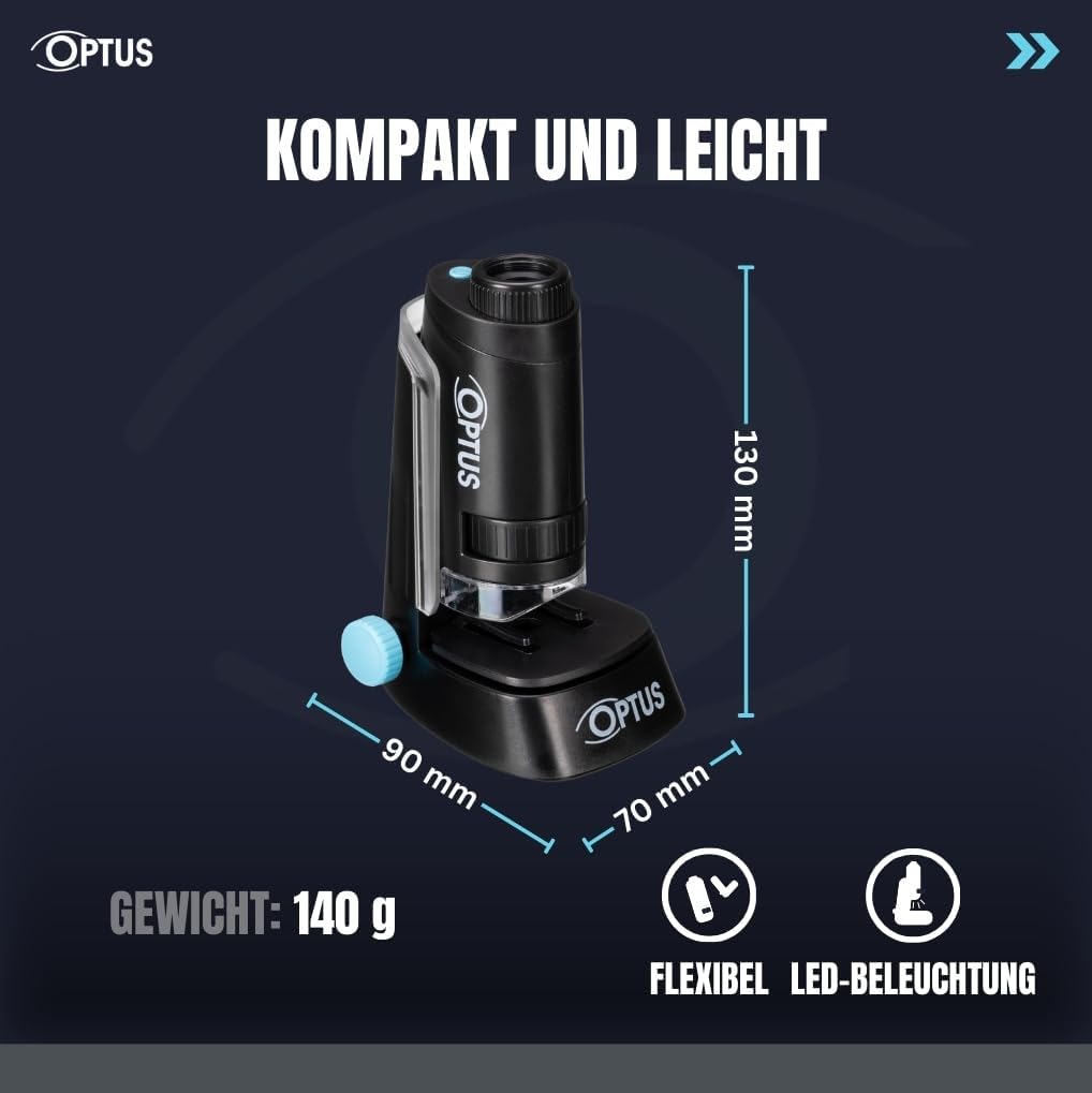 Optus Taschenmikroskop mit LED Beleuchtung, 40x-120x Vergrösserung, Standfuss & Objektklemmen - Komp