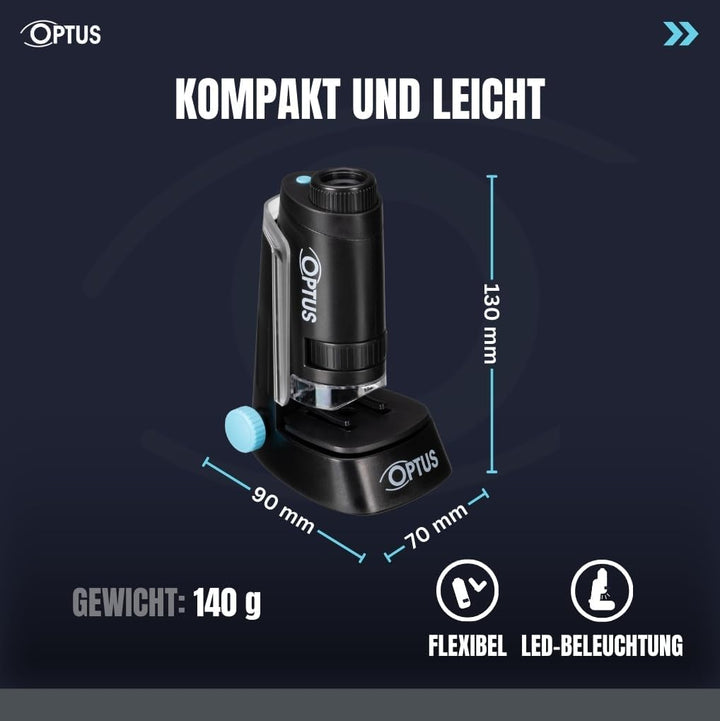 Optus Taschenmikroskop mit LED Beleuchtung, 40x-120x Vergrösserung, Standfuss & Objektklemmen - Komp