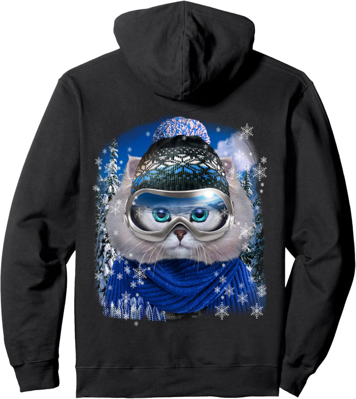 Weisse Katze, die Wintersportbekleidung trägt Pullover Hoodie