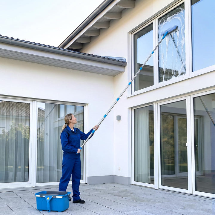Fensterputzer Set, 3,25m Profi Teleskopstange Fensterreinigung mit Fensterputzeimer 12L, Fensterrein