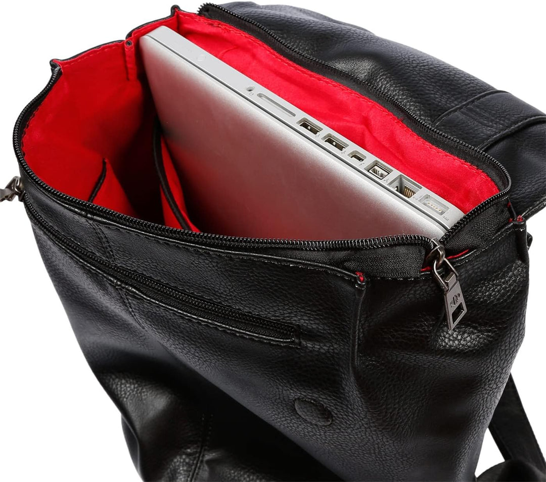 Christian Wippermann grosser Damen Rucksack Tasche in Leder Optik mit Laptopfach schwarz, Schwarz