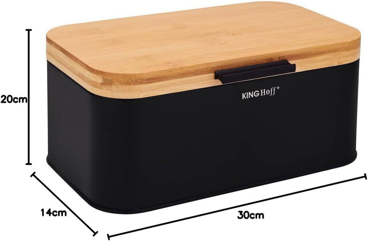 KING HOFF Stahl Brotbox Brotkasten mit Bambusdeckel Schwarz, Schwarz