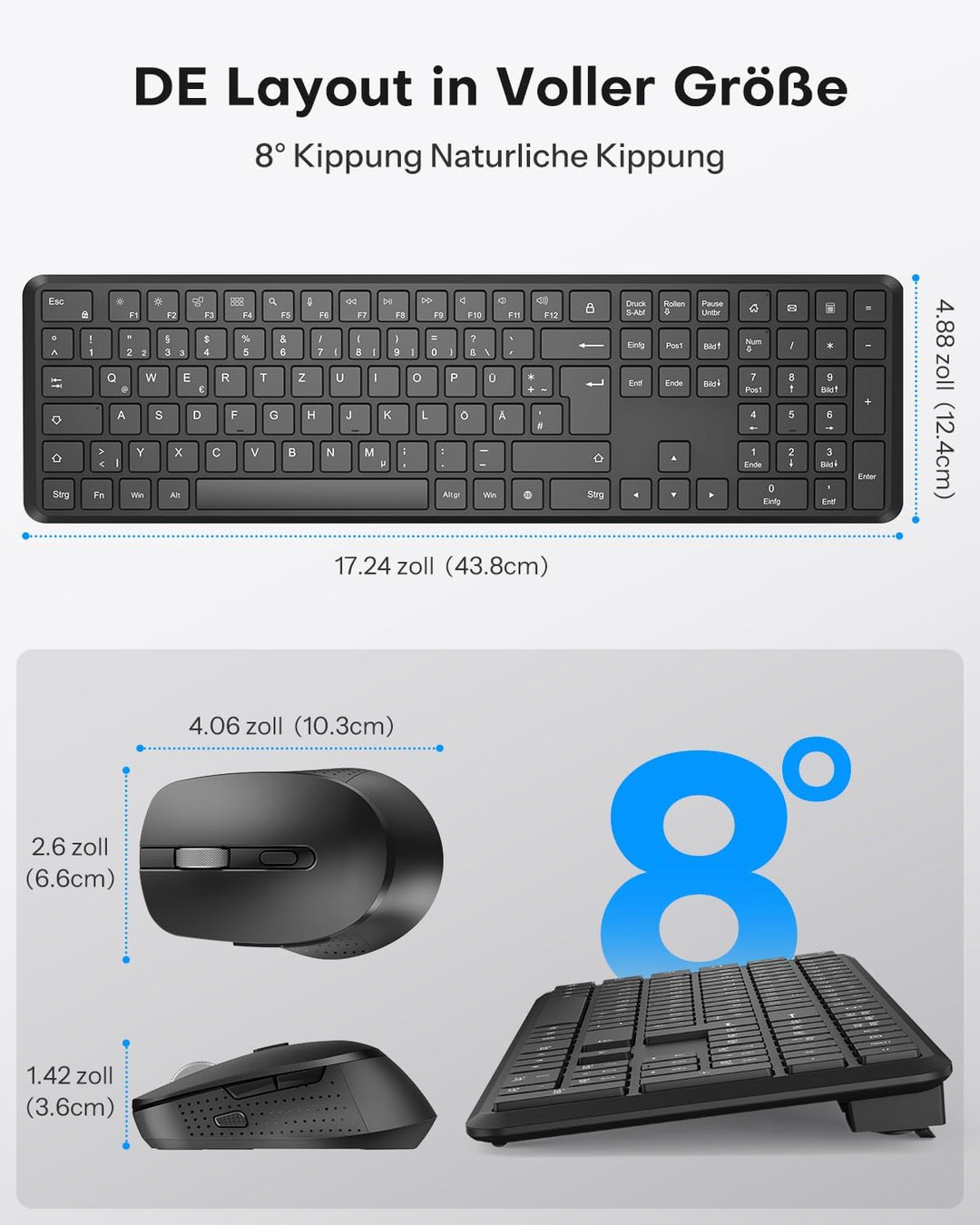 OMOTON Tastatur Maus Set Kabellos, Funktastatur und Maus 2,4 GHz in Voller Grösse, QWERTZ Deutsches
