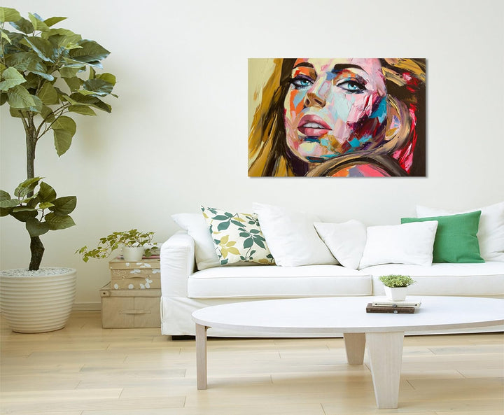 Paul Sinus Art Fotoleinwand 90x60cm Abstraktes Ölgemälde – Blonde Frau auf Leinwand Exklusives Wandb