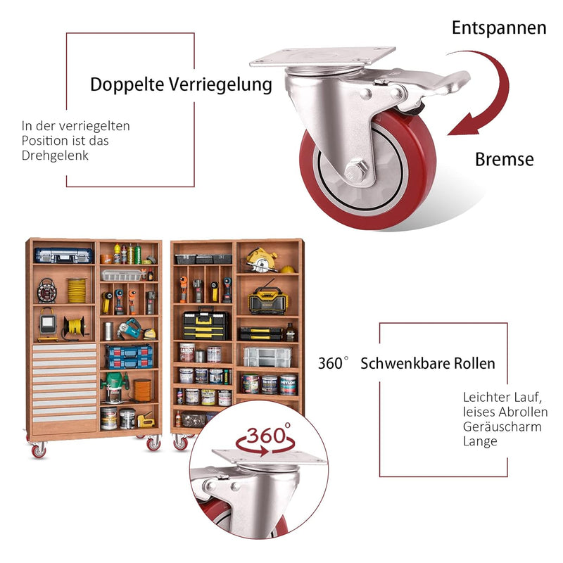 BAOLIHUI 4er Set Lenkrollen für Möbel 100MM Möbelrollen mit Bremse Schwerlastrollen 600kg Rot Rollen