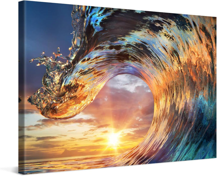 PICANOVA – Bild auf Leinwand Wellen-Sonnenuntergang 60x40cm – Leinwandbild – Premium Leinwanddruck –