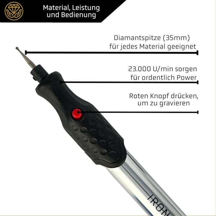 IRON HODL - Gravierstift mit Diamantspitze für Metall, Keramik, Glas gravieren - 2X AAA Batteriebetr