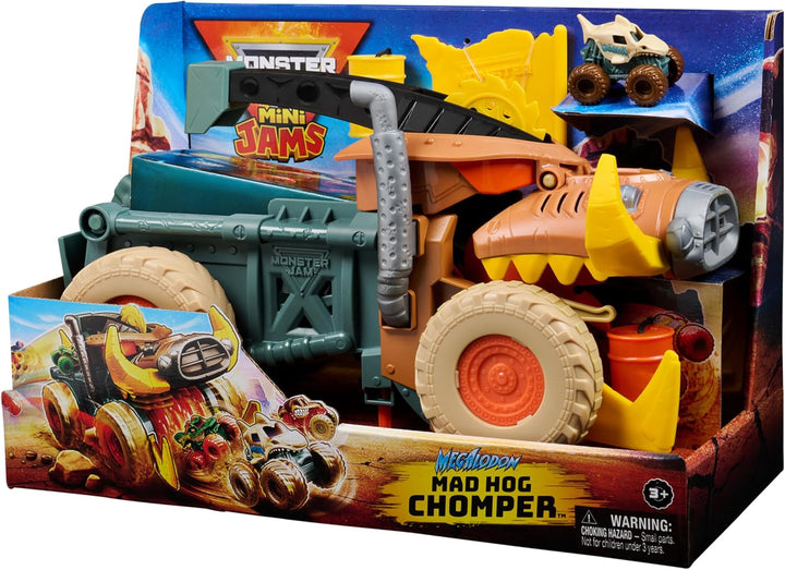 Monster Jam Mini Jam, Megalodon Mad Hog Chomper und Monster Truck, Kreativer Aufräumen und Aufbewahr