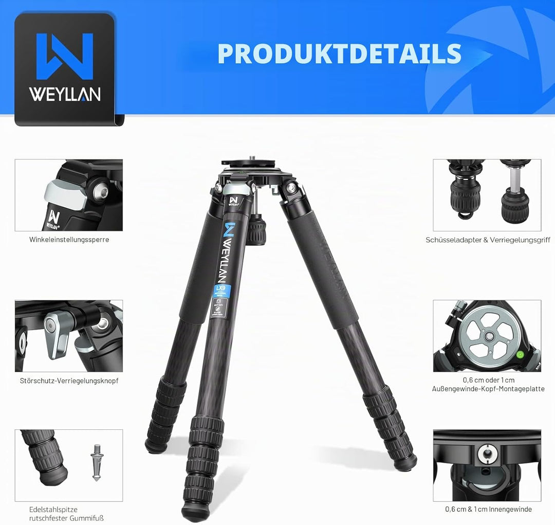 WEYLLAN Carbon Fiber Stativ 160cm, Tripod Carbon Fiber, Reisestativ aus Kohlefaser, Kamera Stativ Mi