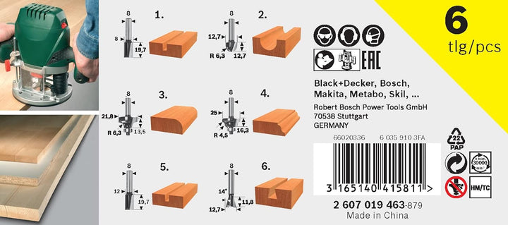 Bosch 6tlg. Hartmetall Fräser Set (für Holz, Ø-Schaft 1/4", Zubehör Oberfräse) 1/4"-Schaft 6 tlg., 1