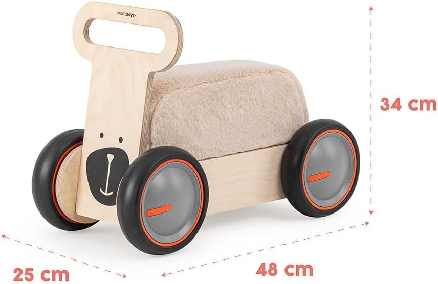 Mamatoyz 03DSBE DriveMe Soft Bear Vierrad-Aufsitz-Gehwagen aus Holz, ziehbarer 3-in-1-Spielzeughalte