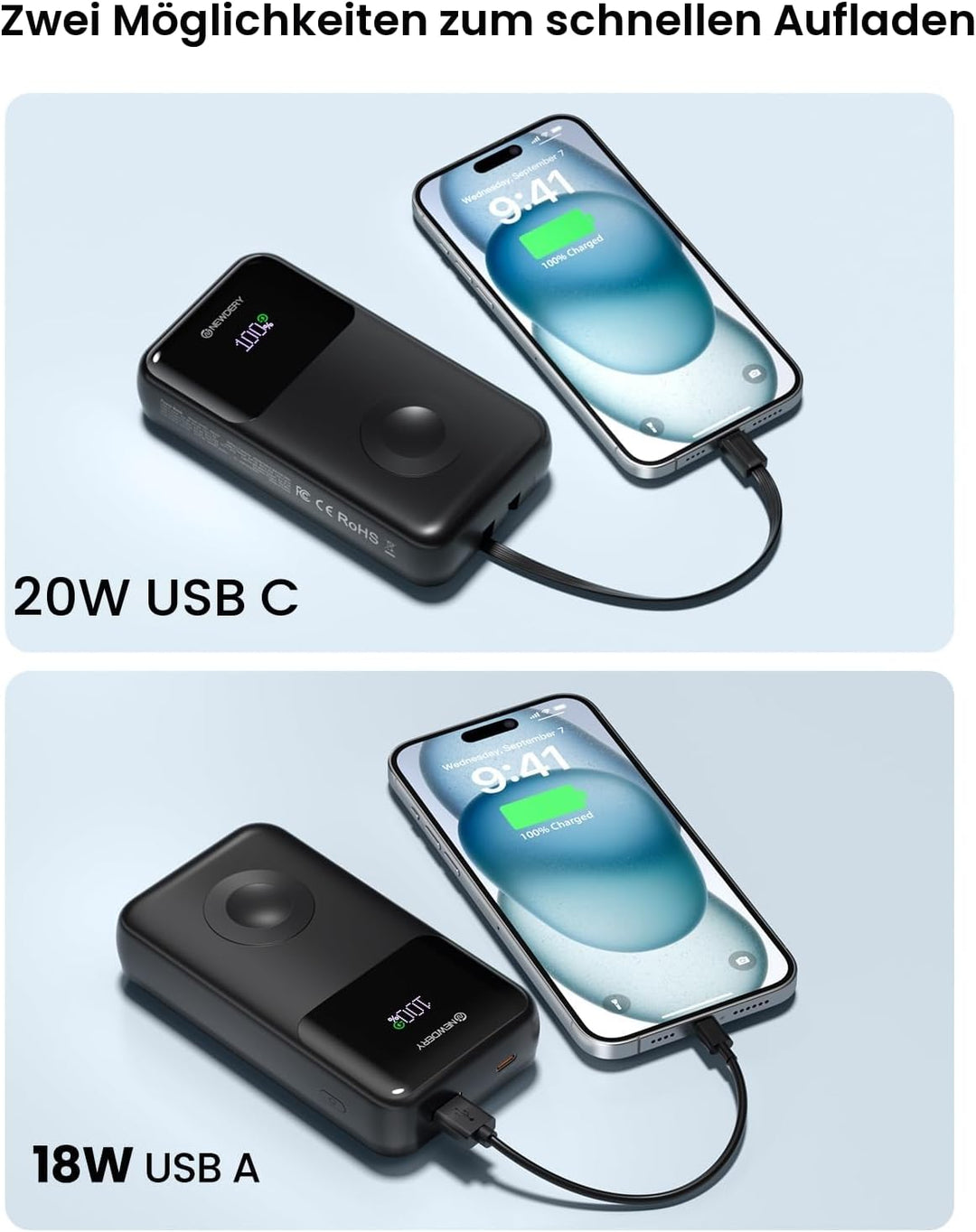 NEWDERY Powerbank für Apple Watch & iPhone Ladegerät 20000mAh Drahtloses Ladestation Power Bank, Sch