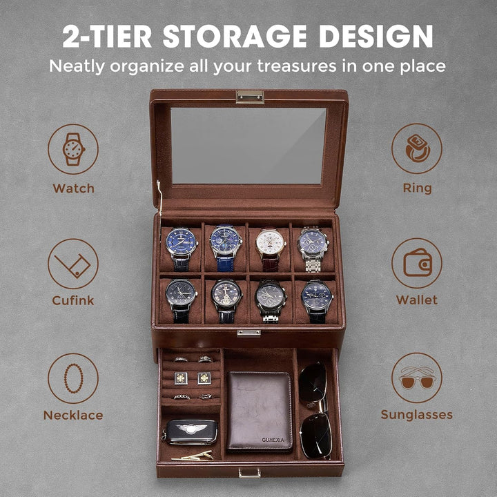 ProCase 8 Slot Uhrenbox, Uhrenkasten mit Glasdeckel Uhrenkissen, Uhrenkoffer für Schmuck Ringe Armbä