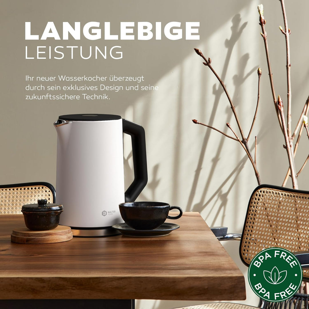 BALTER Edelstahl Wasserkocher mit Temperatureinstellung, 40°C-100°C, Doppelwand, BPA frei, leise & k