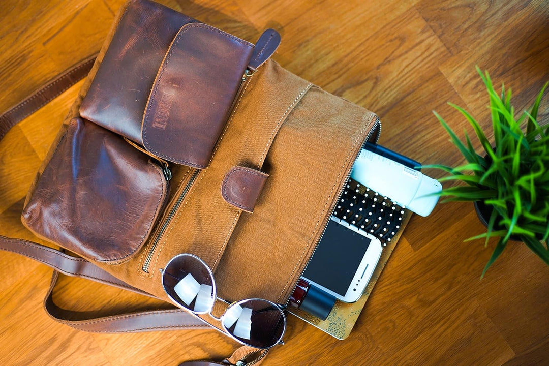 LECONI Umhängetasche Canvas &amp; Leder kleine Schultertasche Handtasche Damen + Herren Vintage Retro St