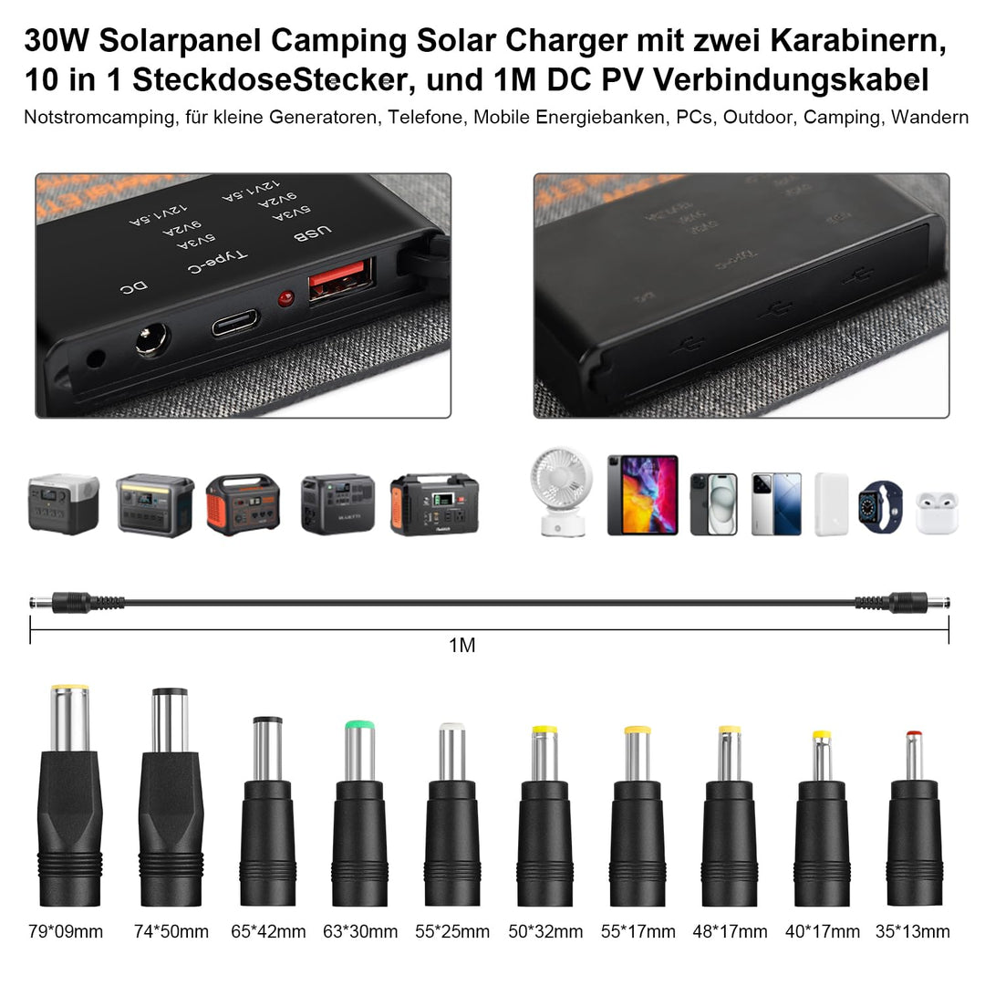 【Solar Ladegerät 30W 18V Kit】 KWODE 30W Solarpanel Faltbar Camping Tragbares, ETFE IP67 Faltbares So