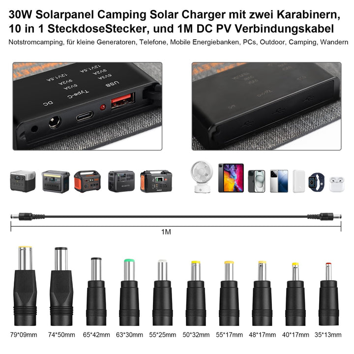 【Solar Ladegerät 30W 18V Kit】 KWODE 30W Solarpanel Faltbar Camping Tragbares, ETFE IP67 Faltbares So