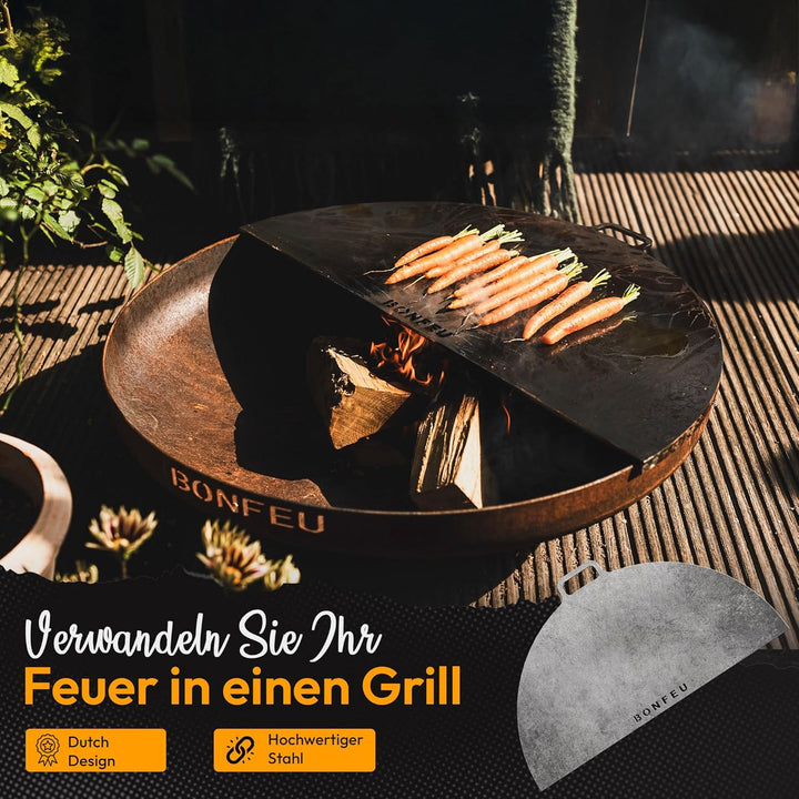 BonFeu Plancha Feuerplatte ½ Ø100cm - 6mm Dick - Grillplatte Rund - Grillplatte für Feuertonne - Feu