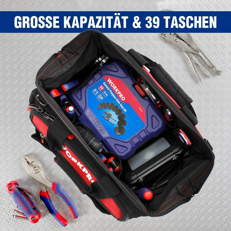 WORKPRO Elektriker Wasserdichte Werkzeugtasche Profi, weite Öffnung & grosse Kapazität 42CM/16" aus