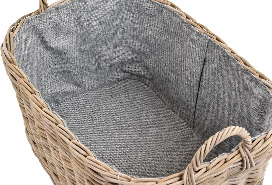 Holzkorb für Kaminholz Rattan geflochten mit Griffen und Stoff Tragekorb Holz (Grau Natur, 64x50cm)
