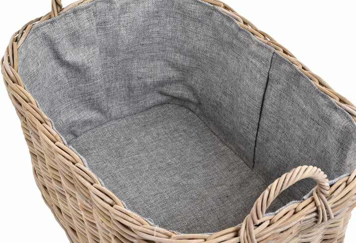 Holzkorb für Kaminholz Rattan geflochten mit Griffen und Stoff Tragekorb Holz (Grau Natur, 64x50cm)