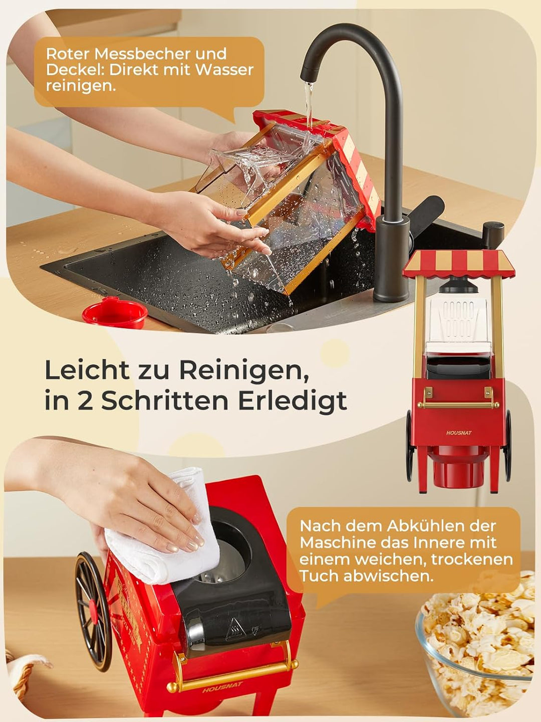 3,5L Popcornmaschine, HOUSNAT 1200W Heissluft Popcorn Maschine, Fettarme Ölfreie Popcorn Snack, Popc