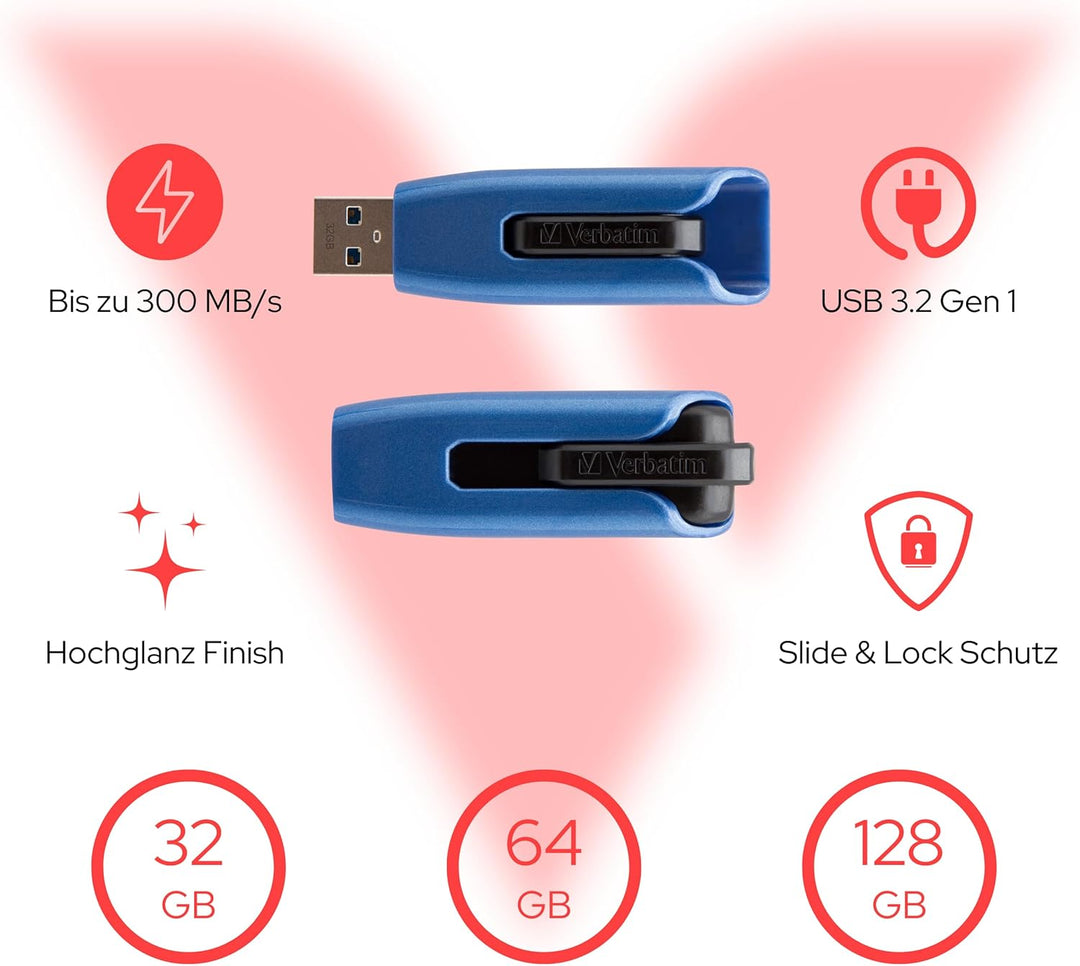 Verbatim Store 'n' Go V3 MAX USB-Stick, USB-3.2 Gen 1, 128GB, Speicherstick mit Schiebemechanismus,