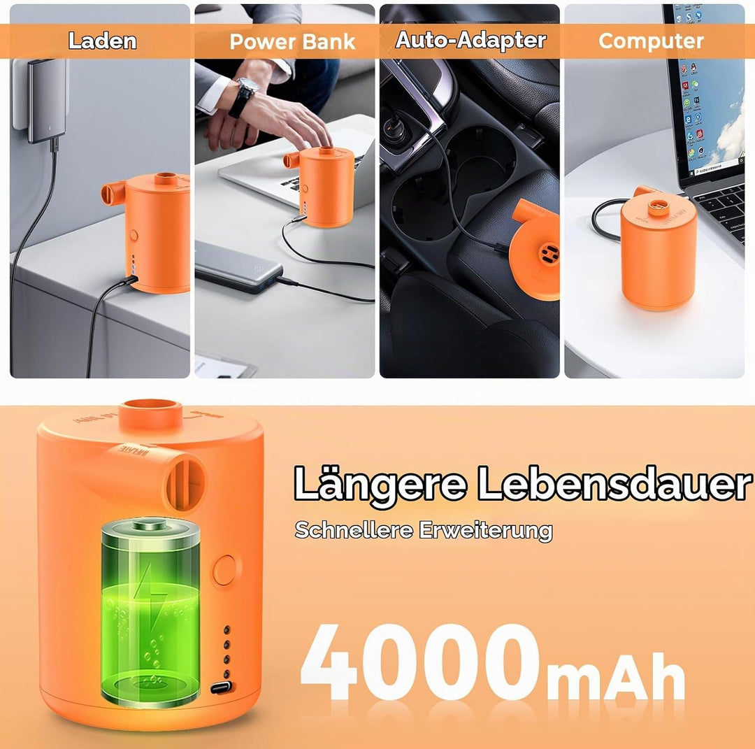 BOSONER Elektrische Luftpumpe mit Akku: 4000 mAh, wiederaufladbare Luftpumpe mit 3 Luftdüsen – schne