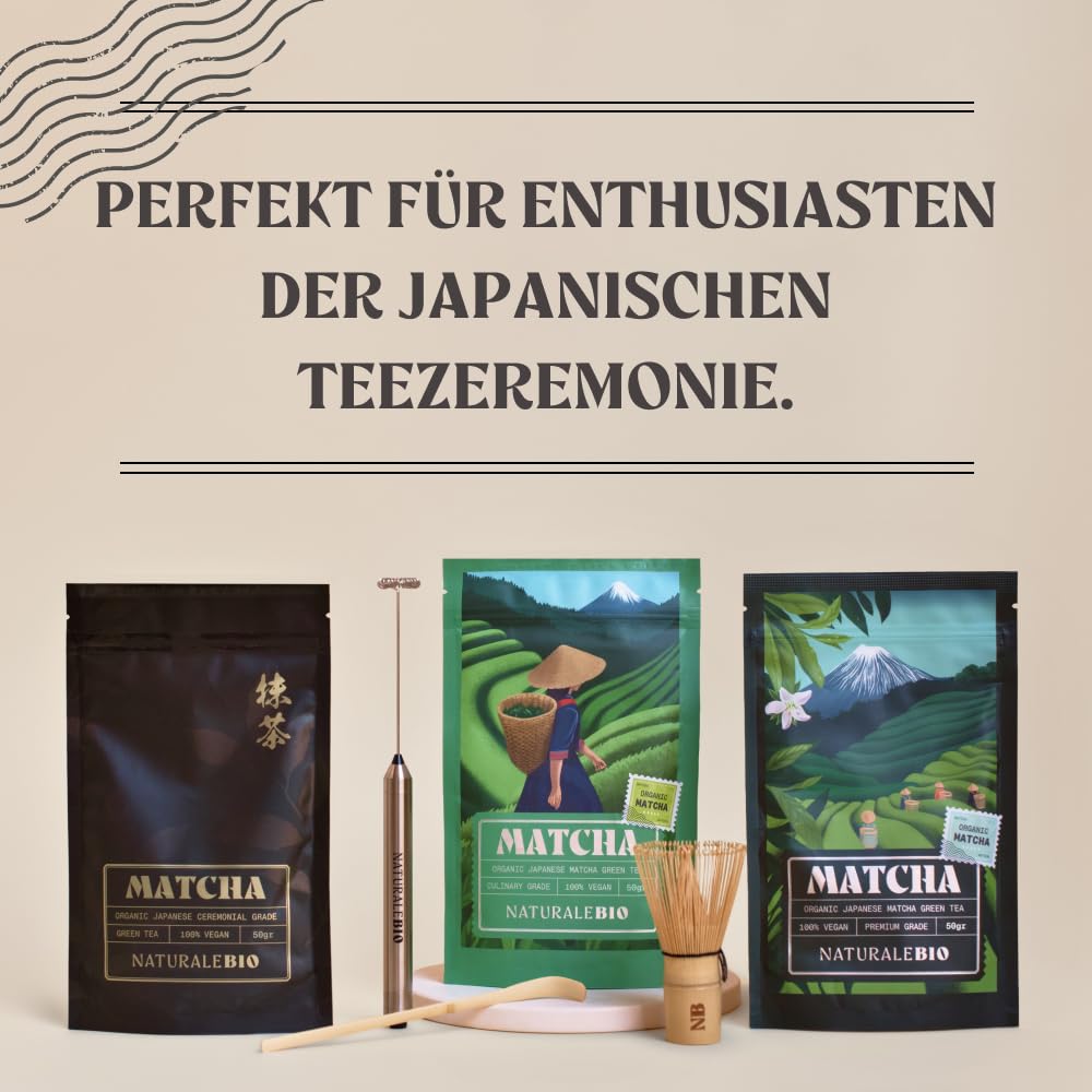 NaturaleBio Traditionelles Matcha-Set mit japanischem Matcha-Pulver in Premium-Qualität 50g, Bambusb