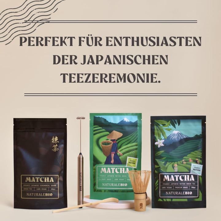 NaturaleBio Traditionelles Matcha-Set mit japanischem Matcha-Pulver in Premium-Qualität 50g, Bambusb