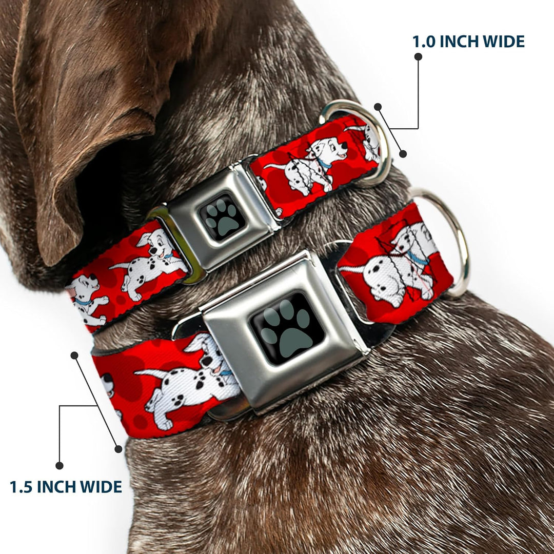 Buckle-Down Seatbelt Buckle Dog Collar - Dalmatians Running/Paws Reds/White/Black - 1" Wide - Fits 1
