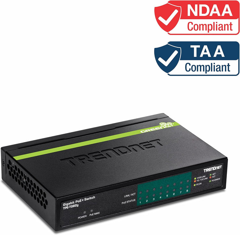 TRENDnet TPE-TG82G 8-Port GREENnet Gigabit PoE+ Switch, 61W PoE Leistung, 16 Gbit/s Schaltkapazität,