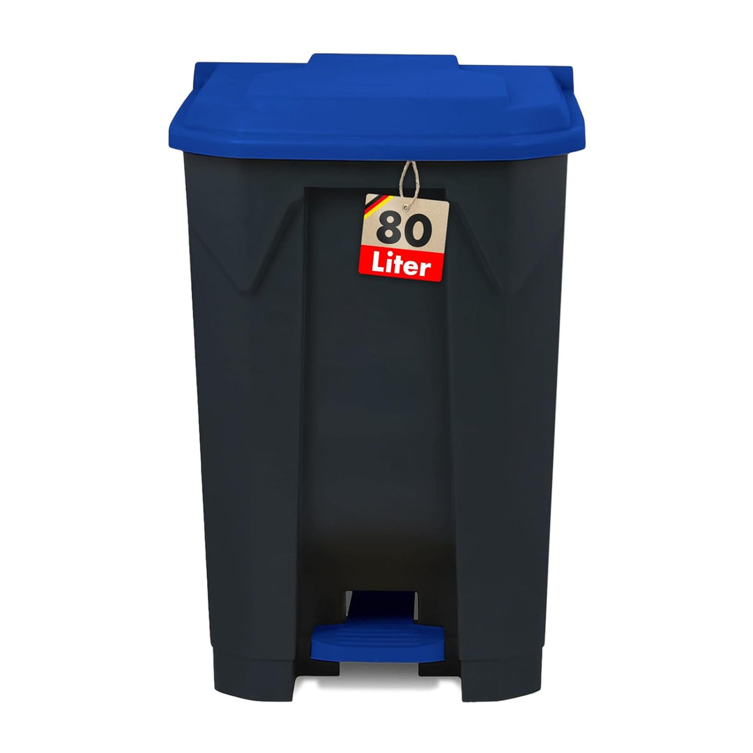 Floordirekt Mülleimer 80 Liter, Blauer Deckel, Abfalleimer für Küche und Büro, Mülltrennsystem, Tret