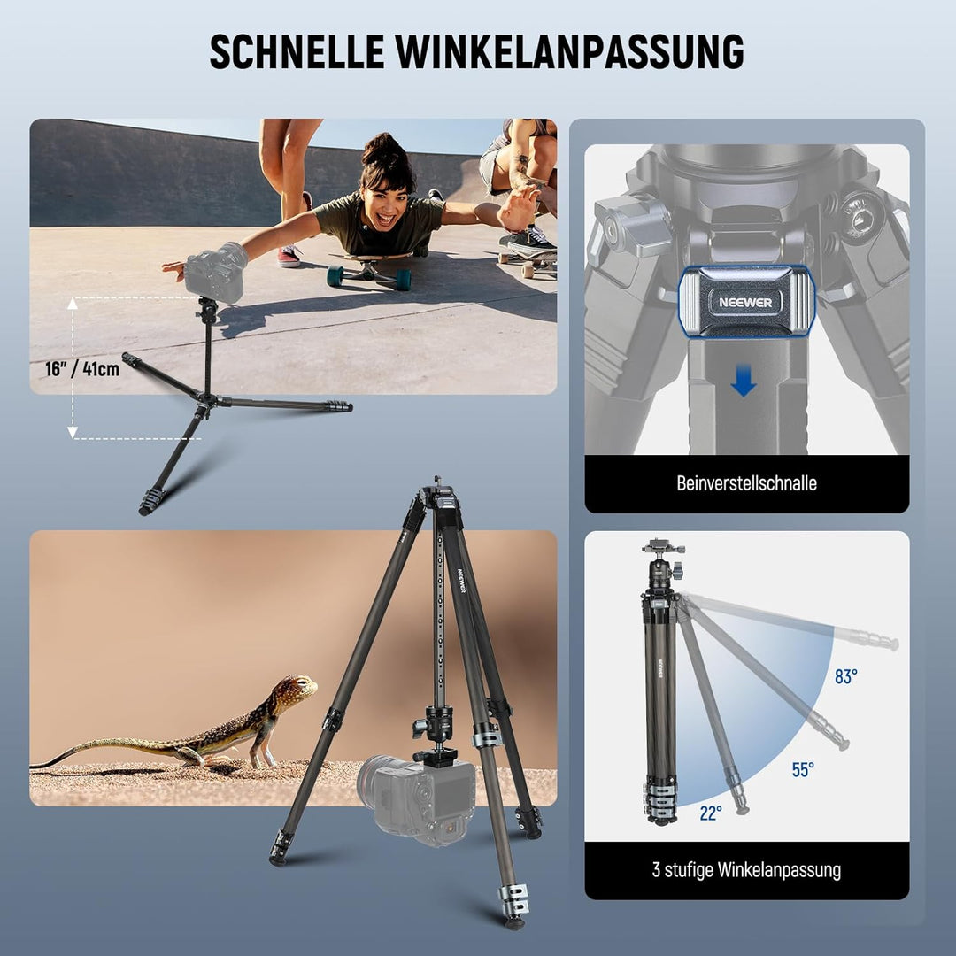 NEEWER 60,4" Reisestativ aus Carbonfaser mit abnehmbarem 360° Kugelkopf, leichtes Videokamera Stativ