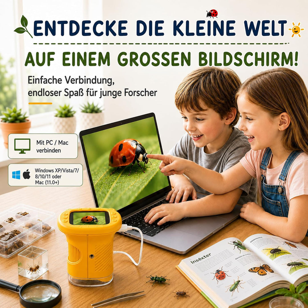 Mikroskop für Kinder, 1000X 4K Tragbares Digitales Mikroskop mit 2,4″ IPS-Display &amp; 8 LED, USB-aufla