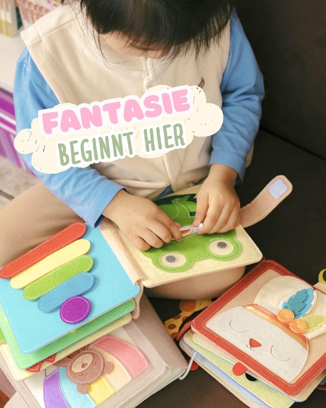 Mini Quiet Book Löwe – Handgefertigtes Filz-Sensorikbuch mit Fühlelementen – Bildschirmfreies Spielz