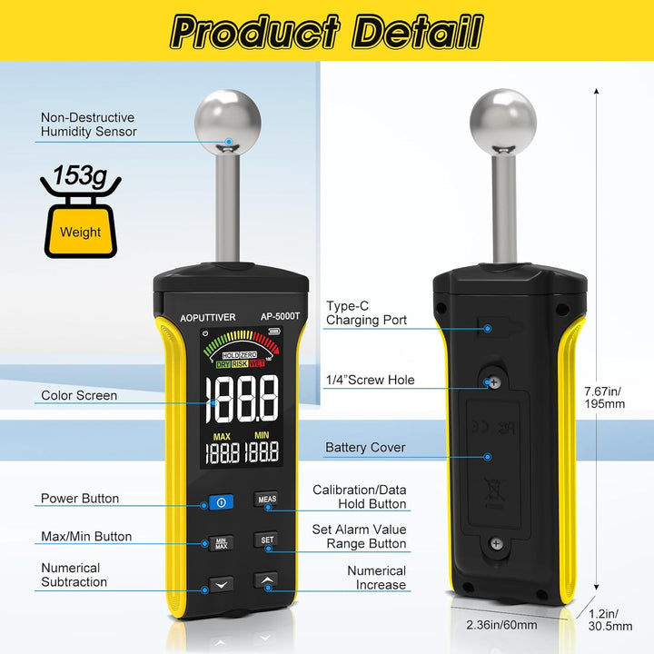 AOPUTTRIVER Pinless Feuchtemessgerät, Holzfeuchtemessgerät für Wände, Holz, Mauerwerk und Beton mit