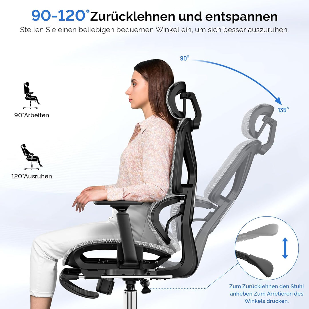 Bürostuhl Ergonomisch, Schreibtischstuhl mit Fussstütze, 90-120° Verstellbare Rückenlehne, Office Ch