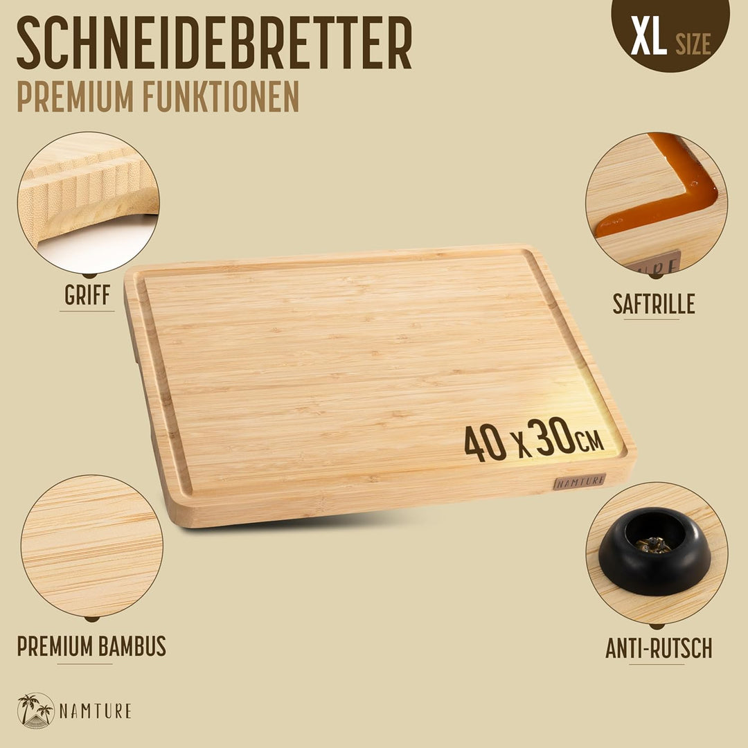 Bambus Schneidebrett XL (40 × 30 × 2,5 cm) – Stirnholz, extra dick, Premium-Öl, mit Saftrille, Handg